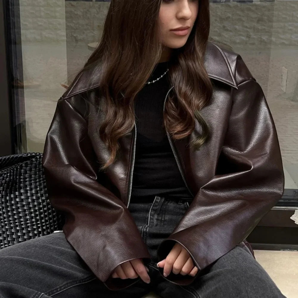 Cralom Short Zipper Jacket - Solid Spliced Loose Fit Coat