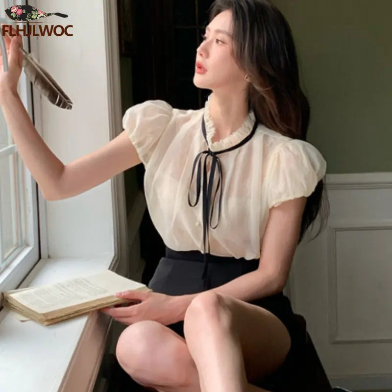 Cralom Elegant Bow Tie Blouse - Short Sleeve Office Wear for Women