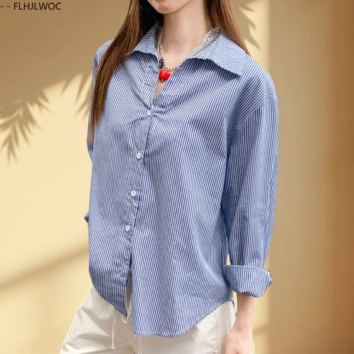 Cralom Retro Blue Striped Shirt: Women's Preppy Button-Down Office Top