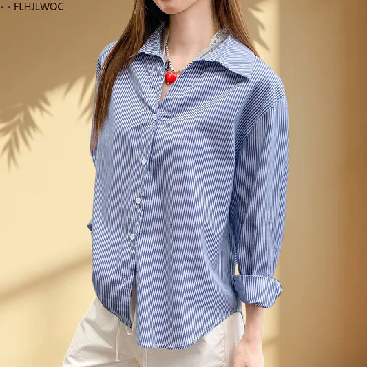Cralom Retro Blue Striped Shirt: Women's Preppy Button-Down Office Top