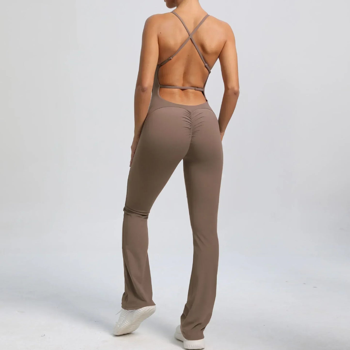 Cralom Seamless Yoga Set for Women, Open Back Flared Pants Gym Jumpsuit