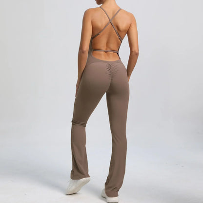 Cralom Seamless Yoga Set for Women, Open Back Flared Pants Gym Jumpsuit