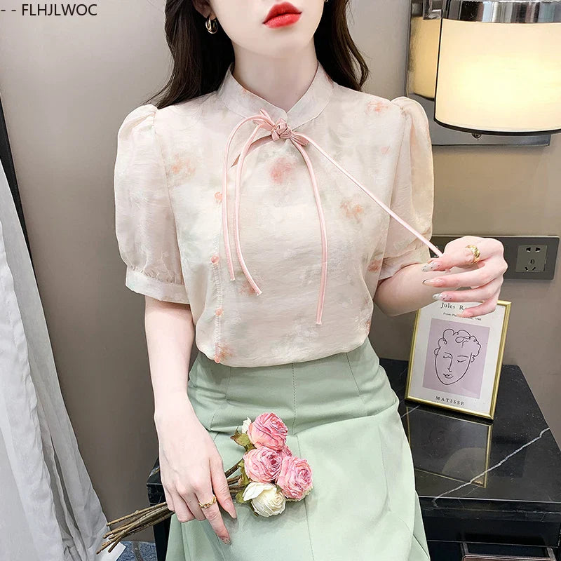 Cralom Floral Print Button Blouse Cute Retro Short Sleeve Tie Top