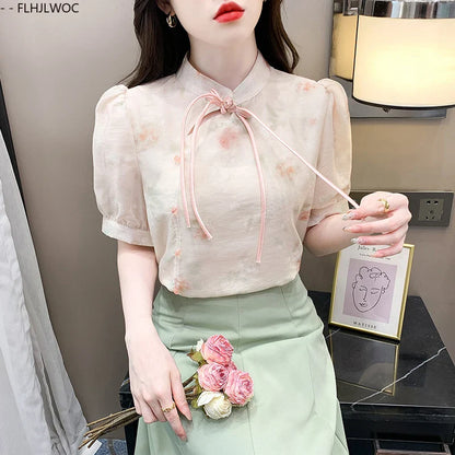 Cralom Floral Print Button Blouse Cute Retro Short Sleeve Tie Top