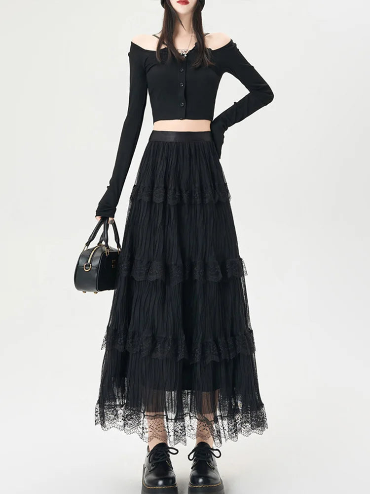 Cralom Lace Spliced A Line High Waist Pleated Skirt 2025 Elegant Summer Fashion