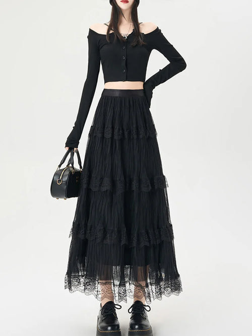 Cralom Lace Spliced A Line High Waist Pleated Skirt 2025 Elegant Summer Fashion