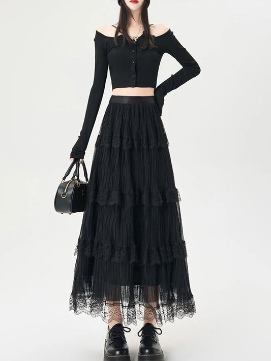 Cralom Lace Spliced A Line High Waist Pleated Skirt 2025 Elegant Summer Fashion
