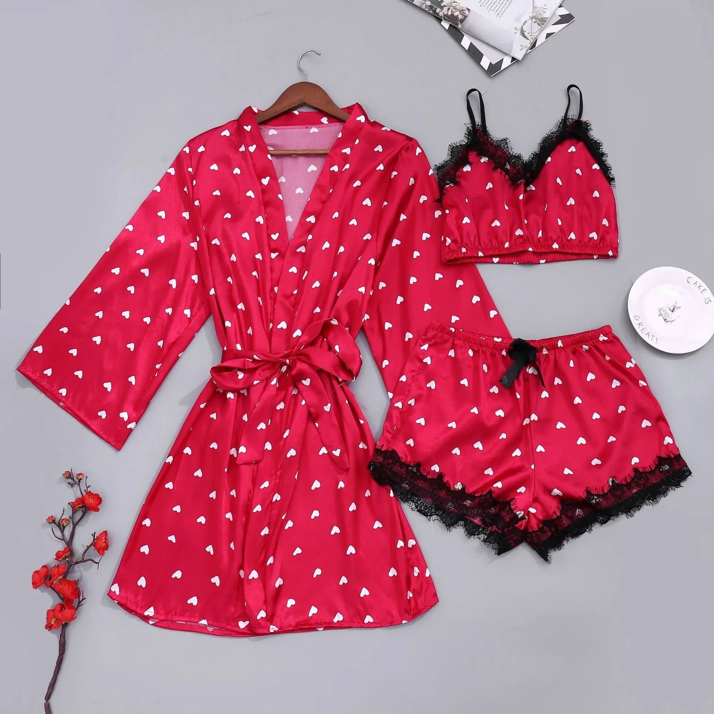Cralom Women's Silk Pajama Set: Ice Silk Nightwear with Suspender Nightdress, Summer Homewear in Stylish Print