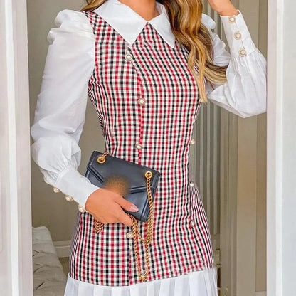 Cralom Houndstooth Button Decor Puff Sleeve Dress