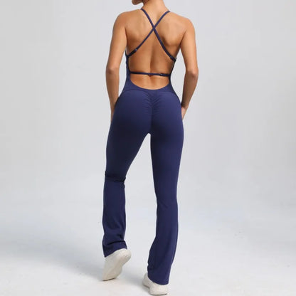 Cralom Seamless Yoga Set for Women, Open Back Flared Pants Gym Jumpsuit