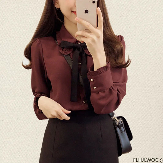 Cute Lace-Up Bow Tie Blouse by Cralom for Work & Office