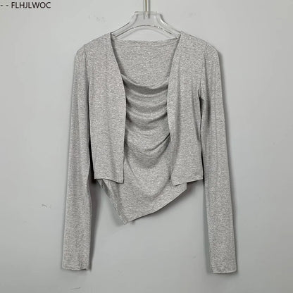 Cralom Y2K Bodycon Two-Piece Set Tops, Sexy Slim Fit Blouses, New Style Korean Tees