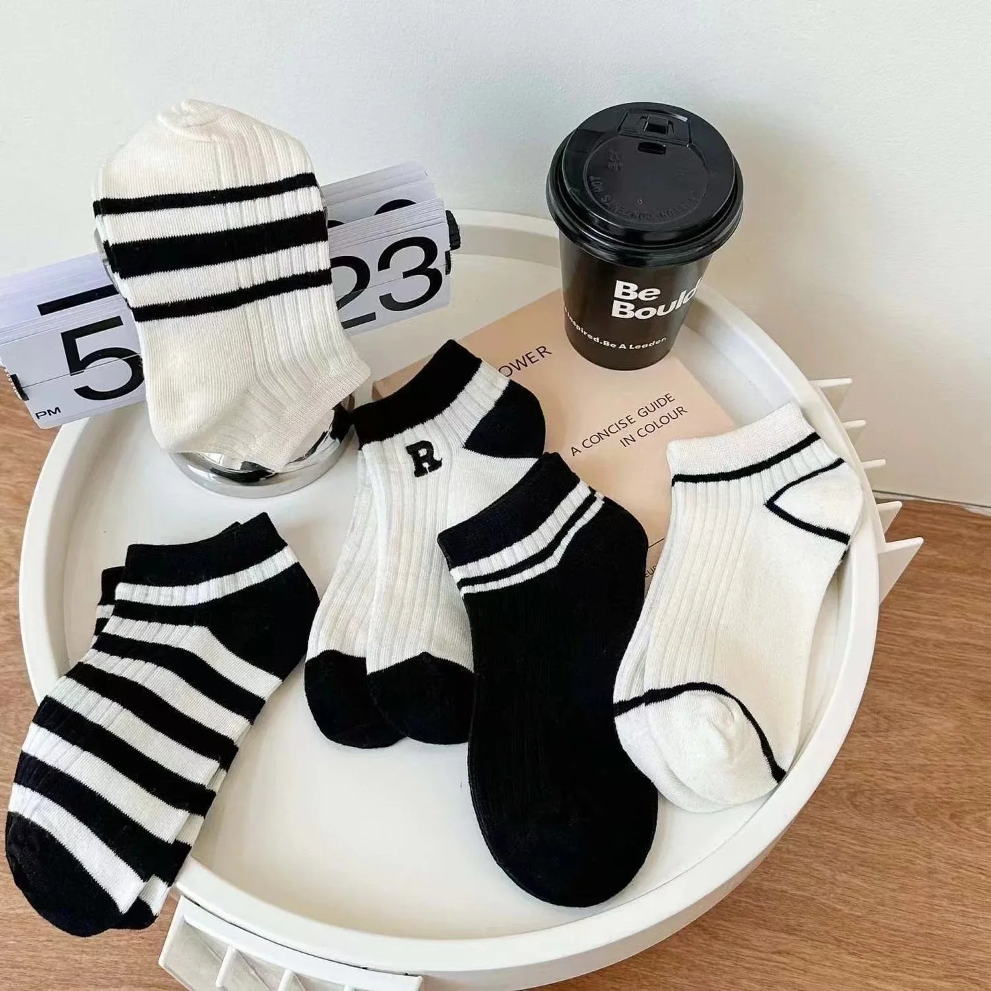 Cralom Striped Black & White Kids Short Socks for Spring & Summer