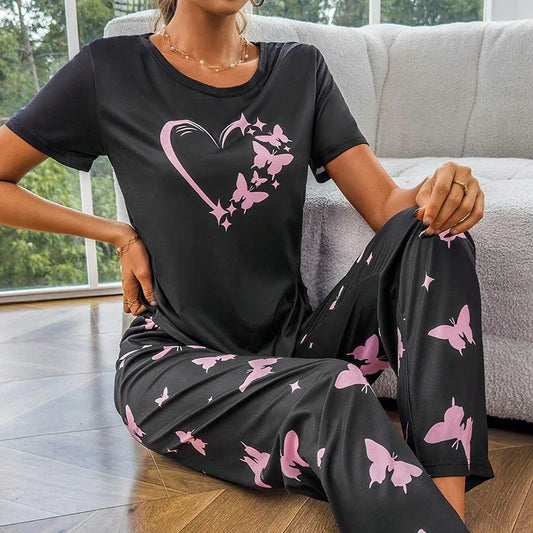 Cralom Women's Butterfly & Heart Printed Pajama Set - Soft Short Sleeve Crew Neck Tops & Elastic Waist Pants