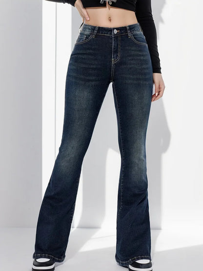 Cralom Vintage Washed Flare Jeans High Waist Slim Straight Pants