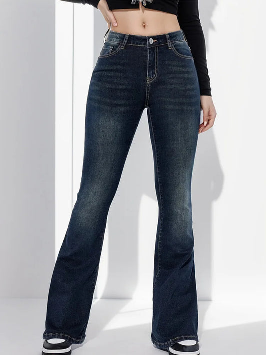 Cralom Vintage Washed Flare Jeans High Waist Slim Straight Pants