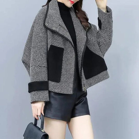 Cralom Vintage Plaid Tweed Crop Jacket for Women's Winter Outerwear