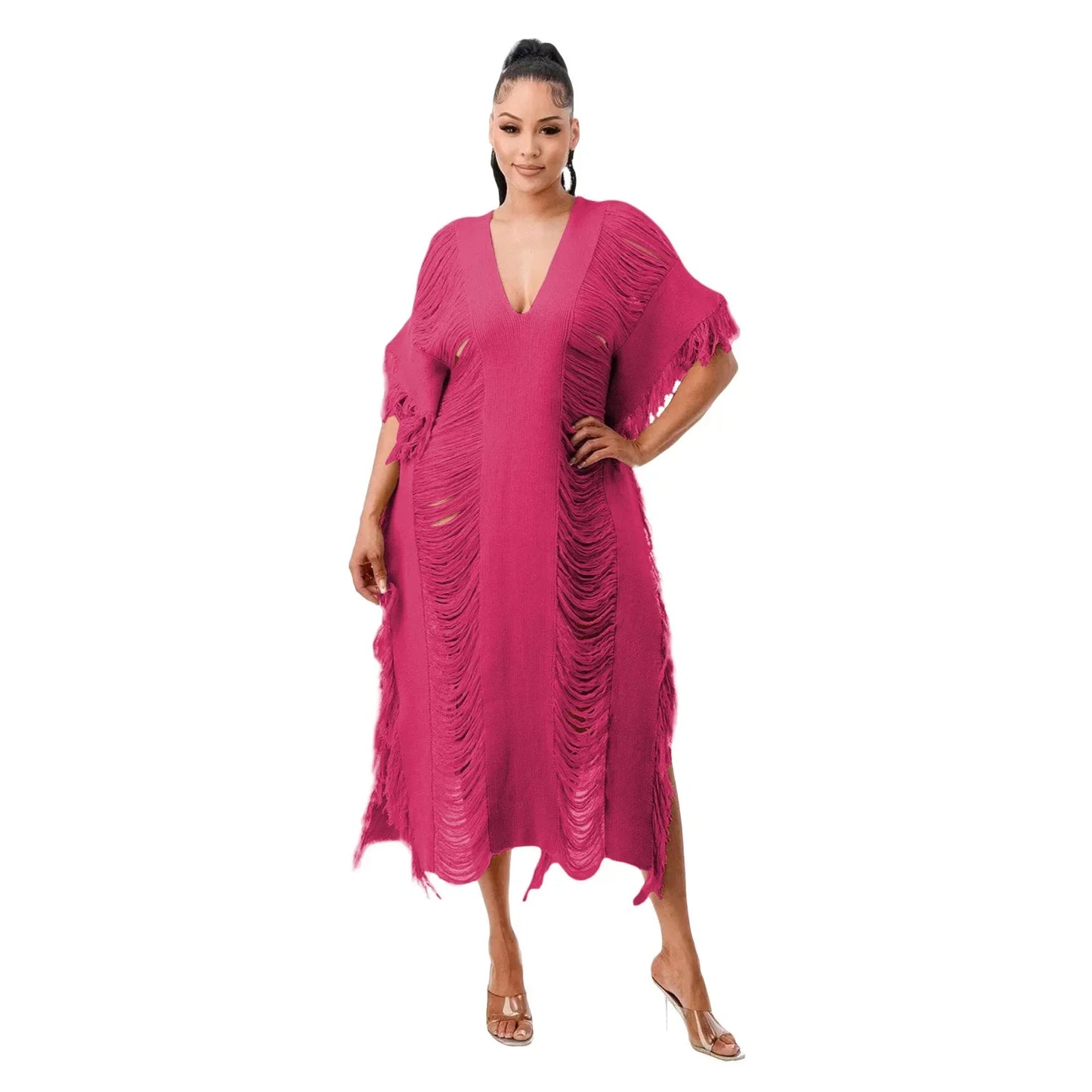 Cralom Women's Tassel Knit Midi Dress Beach Holiday Party Dress