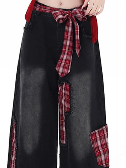 Cralom American Style Wide Leg Bow Jeans - High Waist Hottie Baggy Straight