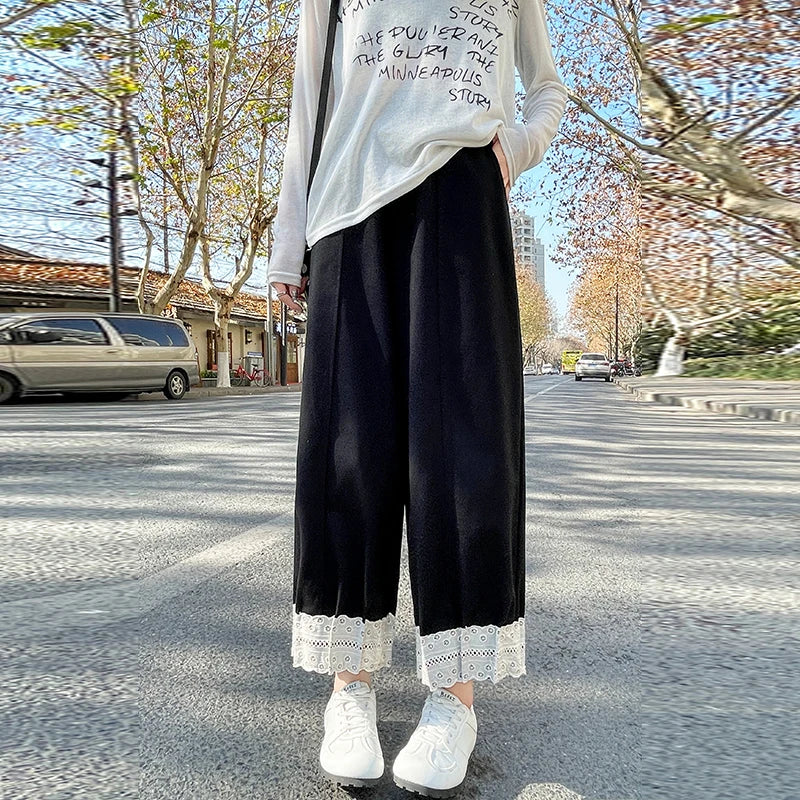 Cralom Lace Pocket High Waist Harem Pants Casual Korean Capris Vintage Style