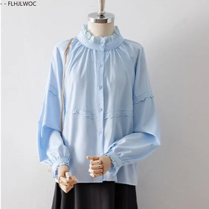 Cralom White Ruffles Lace Stand Collar Blouse Women Preppy Style Basic Shirt