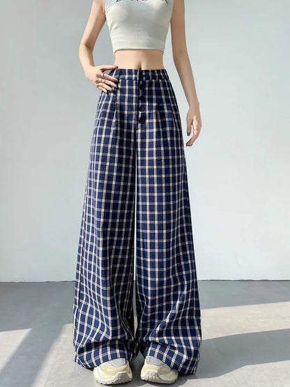 Cralom High Waist Plaid Capris Straight Pants