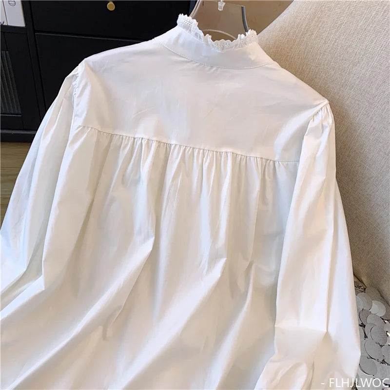 Cralom Retro Lace Button Blouse Women's Long Sleeve Stand Collar Top