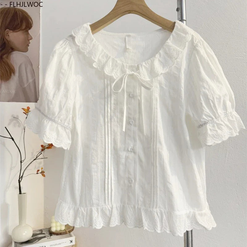 Cralom Ruffled Lace Summer Top - White Short Sleeve Casual Hollow Out Shirt