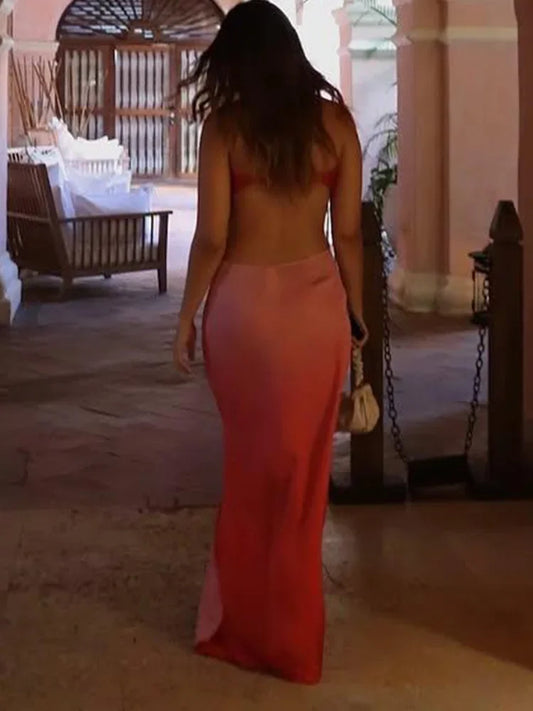 Cralom Satin Tie Dye Hollow Out Backless Straps Robe Dress