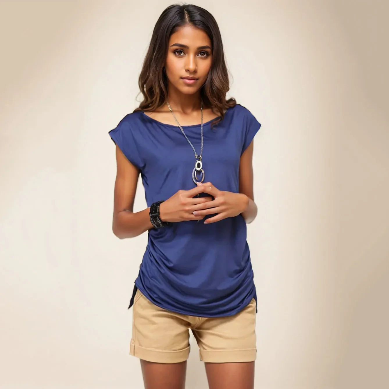 Cralom Retro Blue Short Sleeve Women's T-shirt Slim Summer Top