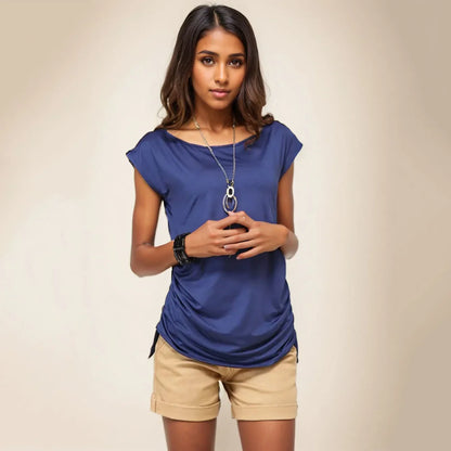 Cralom Retro Blue Short Sleeve Women's T-shirt Slim Summer Top