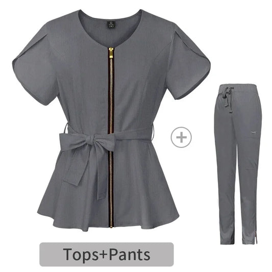Cralom Elastic Beauty Blouse & Straight Pants Scrub Set for Women