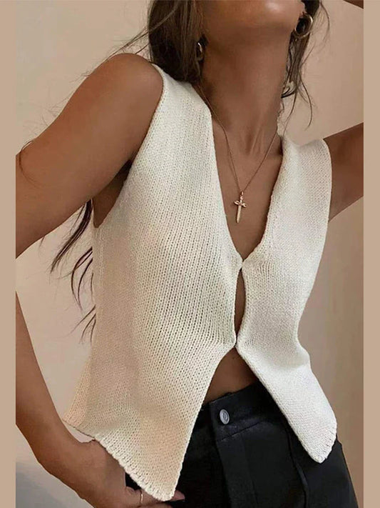 Cralom Sleeveless V-Neck Knit Vest: Button-up Chic Streetwear Knitwear