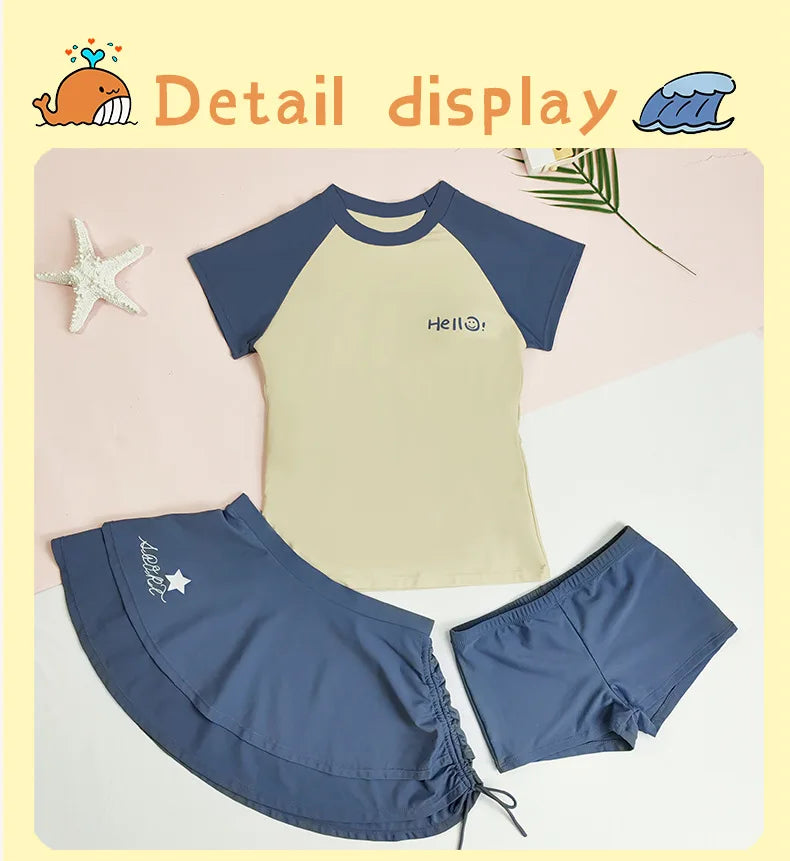 Cralom 3-Piece Girl Swimsuit Set: Top, Skirt, Tight Shorts for Kids