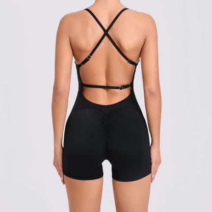 Cralom Women's Gym Fitness Jumpsuit Open Back Shorts Yoga Set