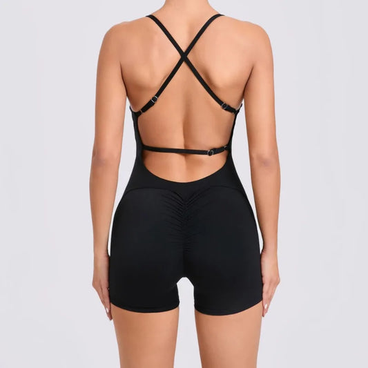 Cralom Women's Gym Fitness Jumpsuit Open Back Shorts Yoga Set
