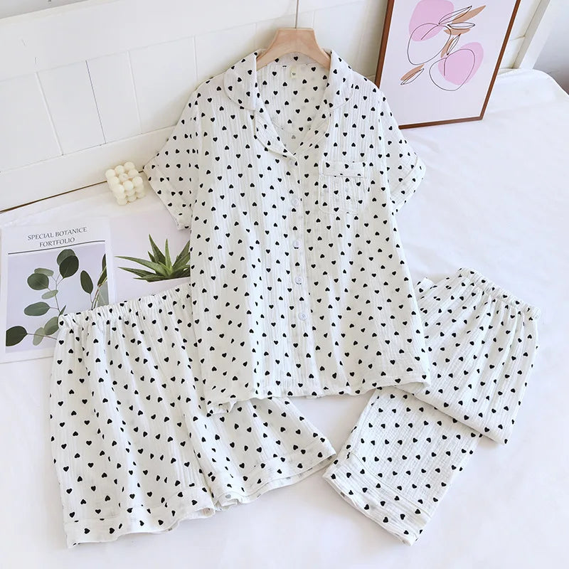 Cralom Cotton Flower Print Pajama Set: Top, Shorts, and Pants for Comfortable Summer