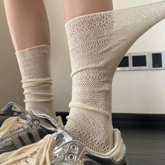 Cralom Lace Calf Socks: Slimming, Hollow Design, Retro Style, Breathable Summer Socks