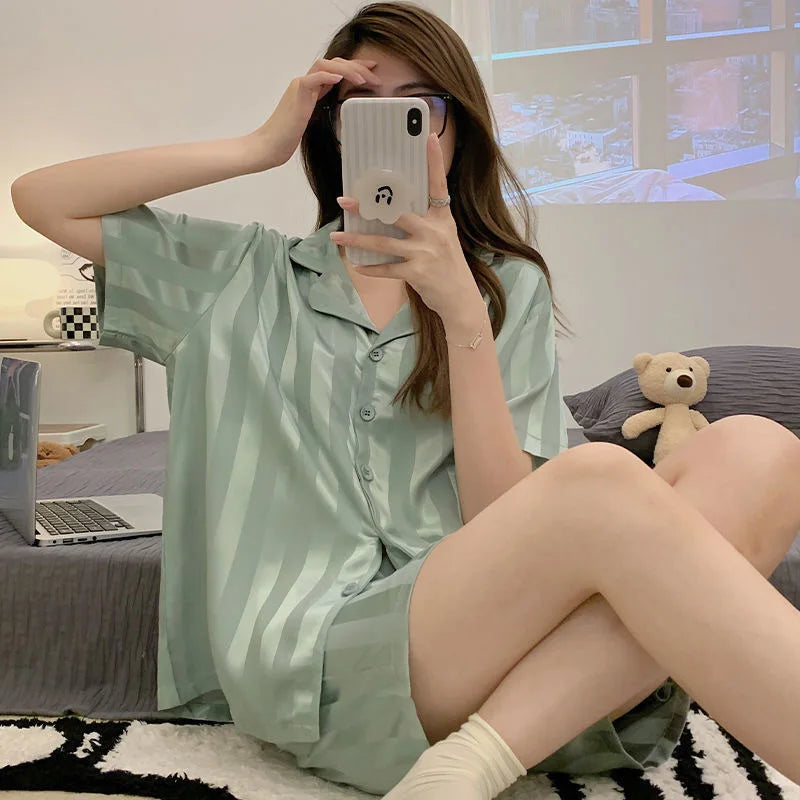 Cralom Women's Ice Silk Short Sleeve Cardigan Summer Sleepwear