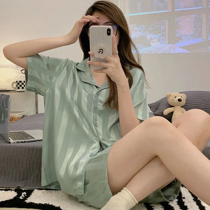 Cralom Women's Ice Silk Short Sleeve Cardigan Summer Sleepwear