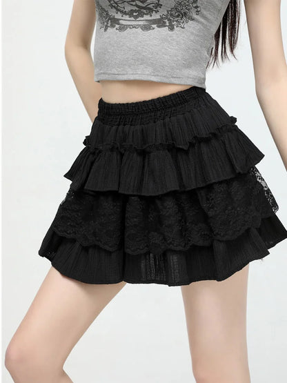 Cralom Sweet Ruffles A Line Mini Skirt - High Waist Lace Spliced Slim Solid Style