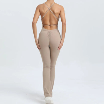 Cralom Yoga Set Flared Jumpsuit for Women Gym Workout Scrunch Bodysuits