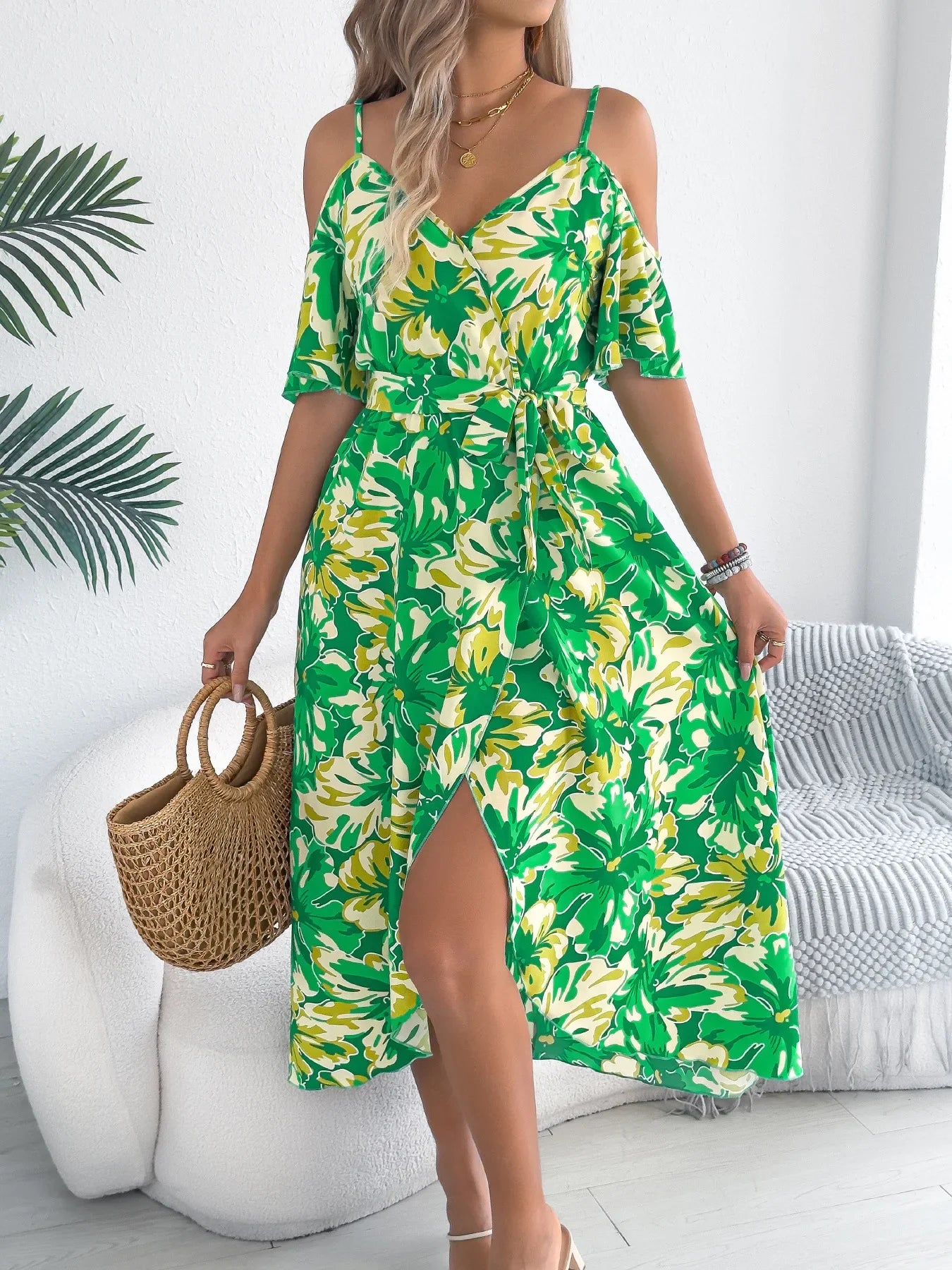 Cralom Floral Suspender Off Shoulder Vacation Dress