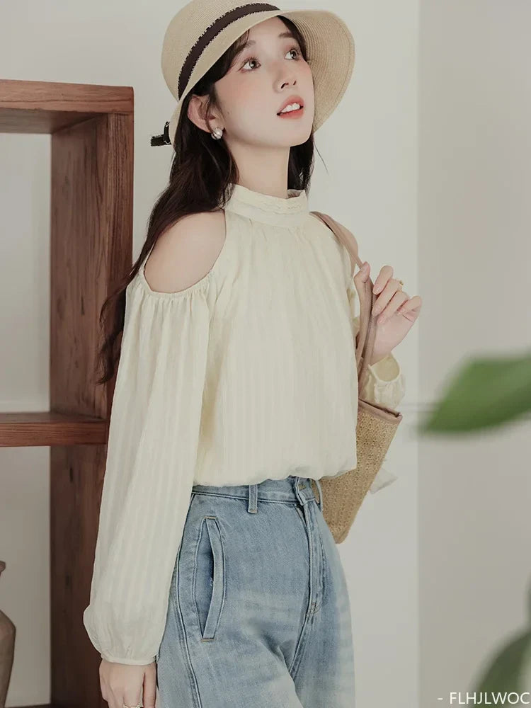 Cralom Off Shoulder Puff Sleeve Lace-Up Blouse