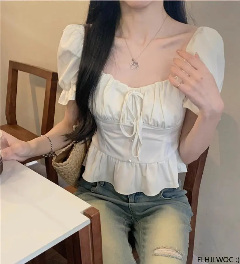 Cralom Off Shoulder Crop Tops: 2023 Summer Bow Tie Slim Waist Blouse