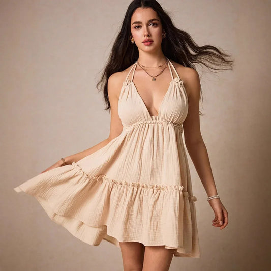 Cralom Sexy Backless Dress with Deep V-neck and Suspender Straps