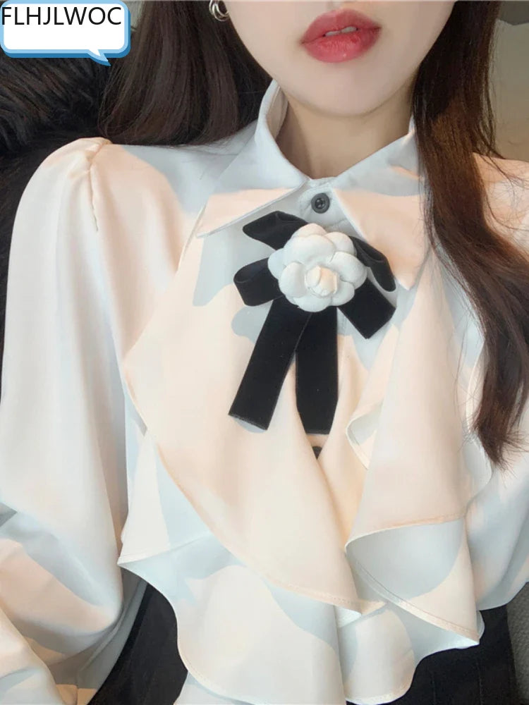 Cralom Spring Office Lady Workwear White Shirt Blouse Bow Tie Ribbon Top