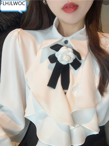 Cralom Spring Office Lady Workwear White Shirt Blouse Bow Tie Ribbon Top