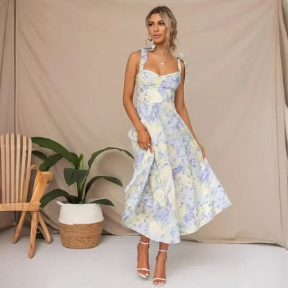 Floral Suspender Slimming Dress V-neck Waist Cinching Cralom Brand