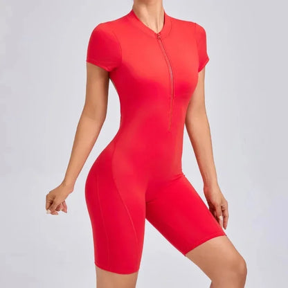 Cralom Backless Zipper Yoga Bodysuit: Short Sleeve Gym Activewear for Running & Workout